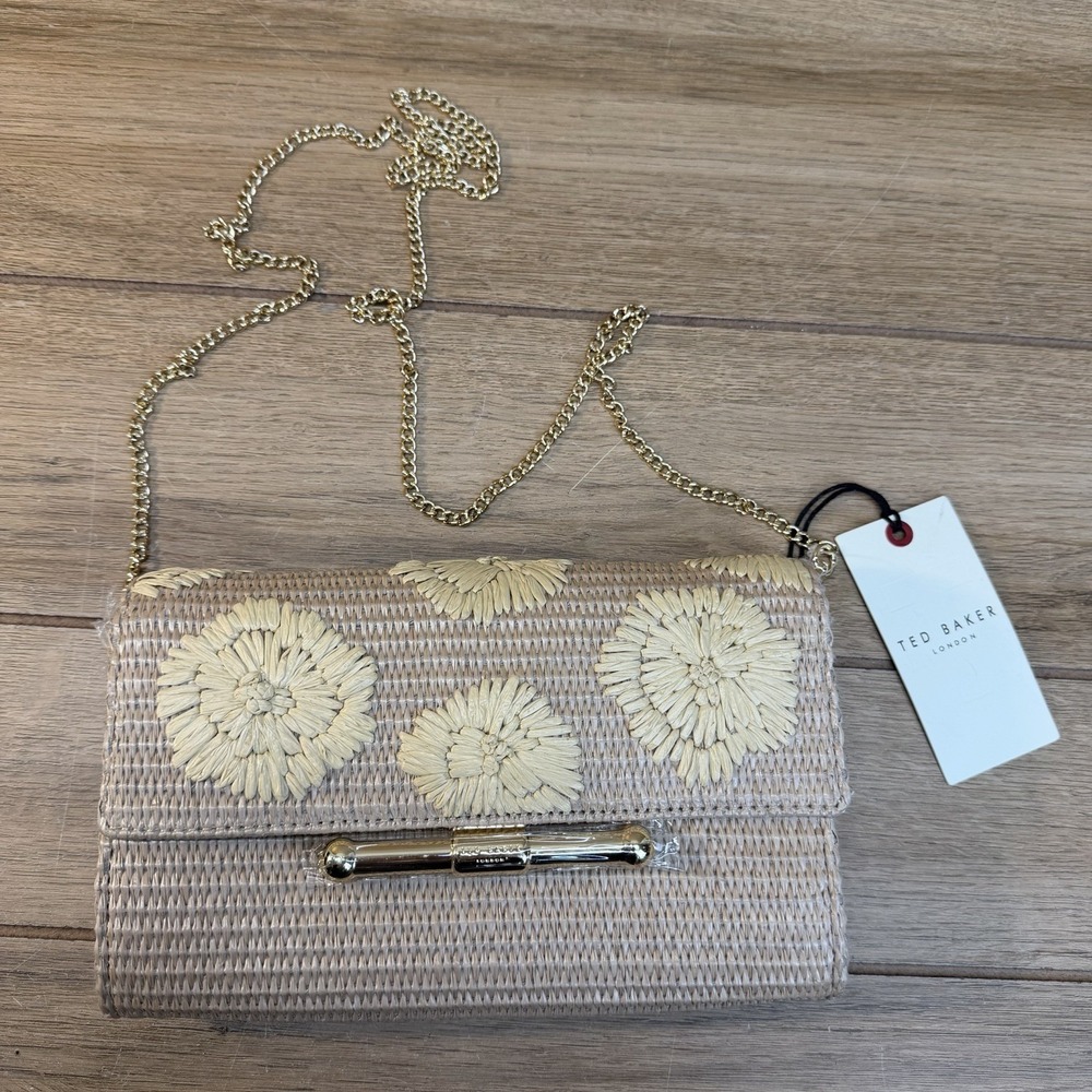NWT Ted Baker Cassy Clutch Crossbody Bag Beige Woven Raffia Floral Gold